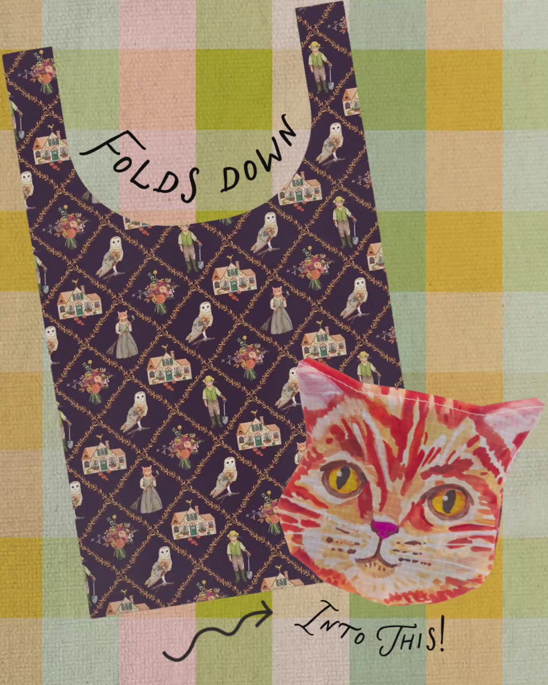 Cottage Cats🍂🐈🍂Packable Nylon Tote💛🧡💛